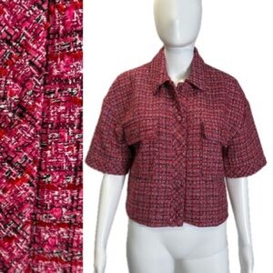 MNG Mango Tweed Short Sleeve Button Down Oversized Shirt Jacket Women SIze Small